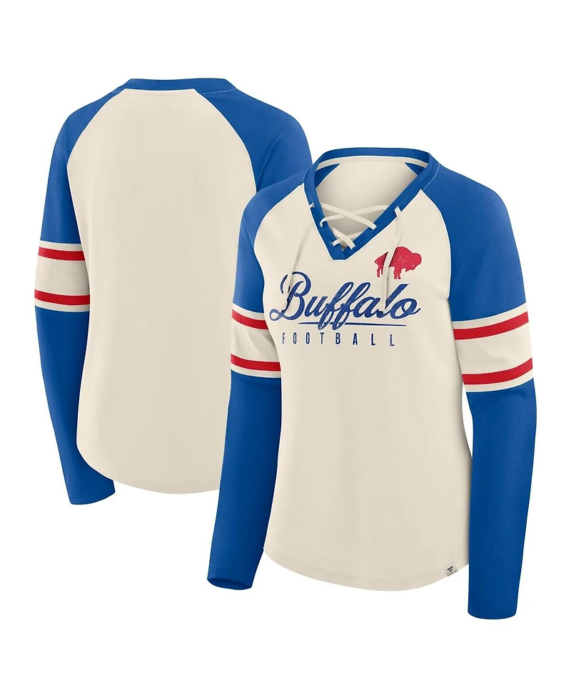 Fanatics Women's Cream/Royal Buffalo Bills Hometown Gridiron Hero Raglan Lace-Up V-Neck Long Sleeve T-Shirt