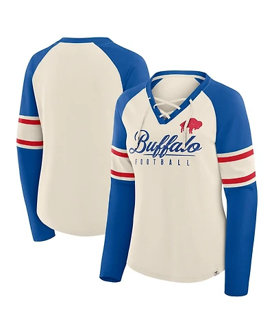 Fanatics Women's Cream/Royal Buffalo Bills Hometown Gridiron Hero Raglan Lace-Up V-Neck Long Sleeve T-Shirt