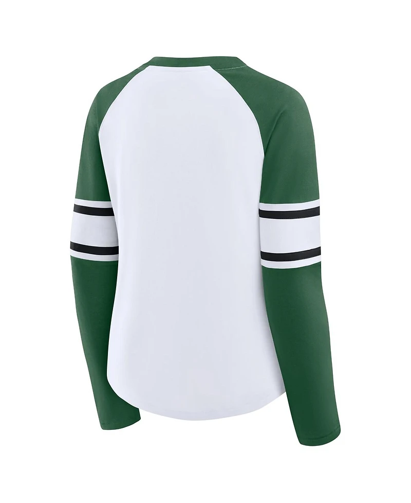 Fanatics Women's White/Green New York Jets Redzone Blitz Package Raglan Lace-Up V-Neck Long Sleeve T-Shirt