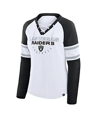Fanatics Women's White/Black Las Vegas Raiders Redzone Blitz Package Raglan Lace-Up V-Neck Long Sleeve T-Shirt