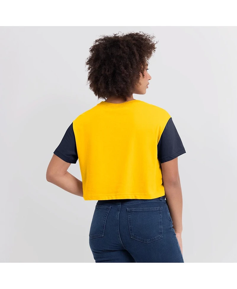 Jordan Women's Maize/Navy Michigan Wolverines Color-Block Script Dri-fit Cropped T-Shirt
