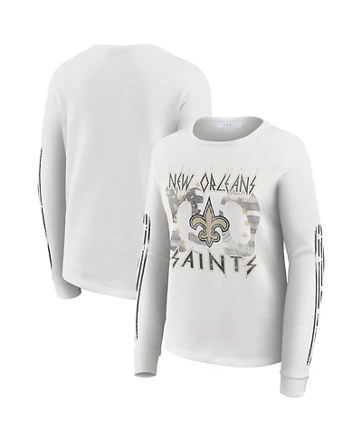 Wear by Erin Andrews Women's White New Orleans Saints Graphic Waffle Long-Sleeve T-Shirt
