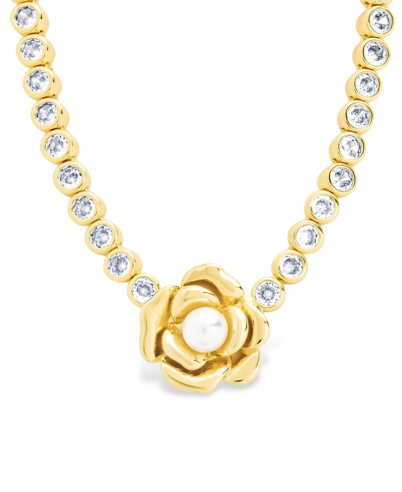 Sterling Forever Rosa Cultivated Pearl Flower Cubic Zirconia Tennis Necklace