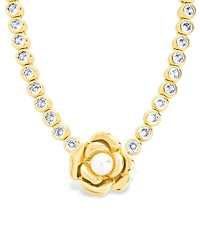 Sterling Forever Rosa Cultivated Pearl Flower Cubic Zirconia Tennis Necklace