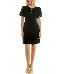 Taylor Petite Puff Sleeve Flower Trim Dress