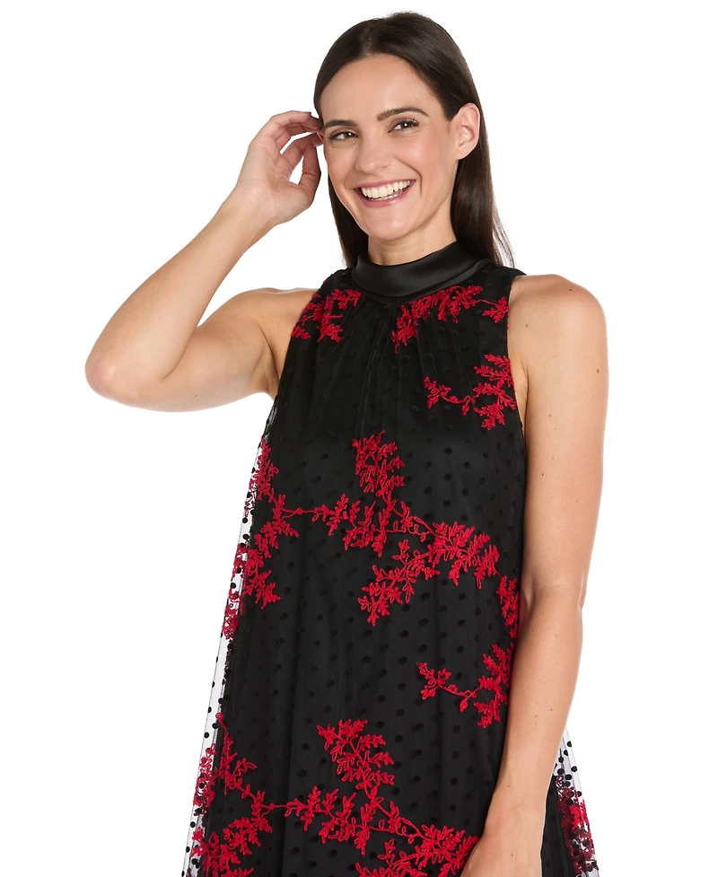 R & M Richards Petite Embroidered Mesh Trapeze Midi Dress