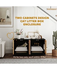 PawHut Cat Litter Box Enclosure w/ 2 Cabinets, Scratching Mats, Trays