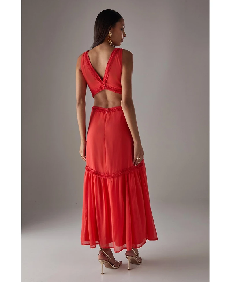 Warehouse Women's Chiffon Fringe Trim Cut Out Maxi Dress