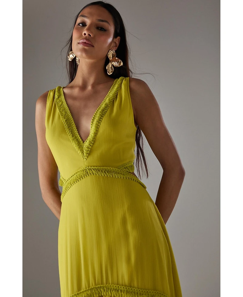 Warehouse Women's Chiffon Fringe Trim Cut Out Maxi Dress