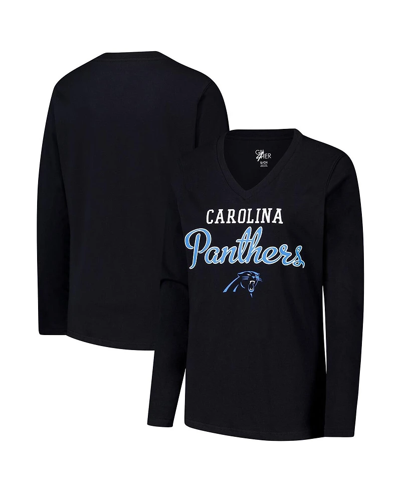 G-iii 4Her by Carl Banks Women's Black Carolina Panthers Post Season Long Sleeve V-Neck T-Shirt