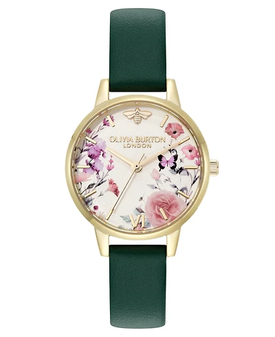Olivia Burton Women's Illustrated Floral Green Calfskin Leather Strap Watch, 30mm