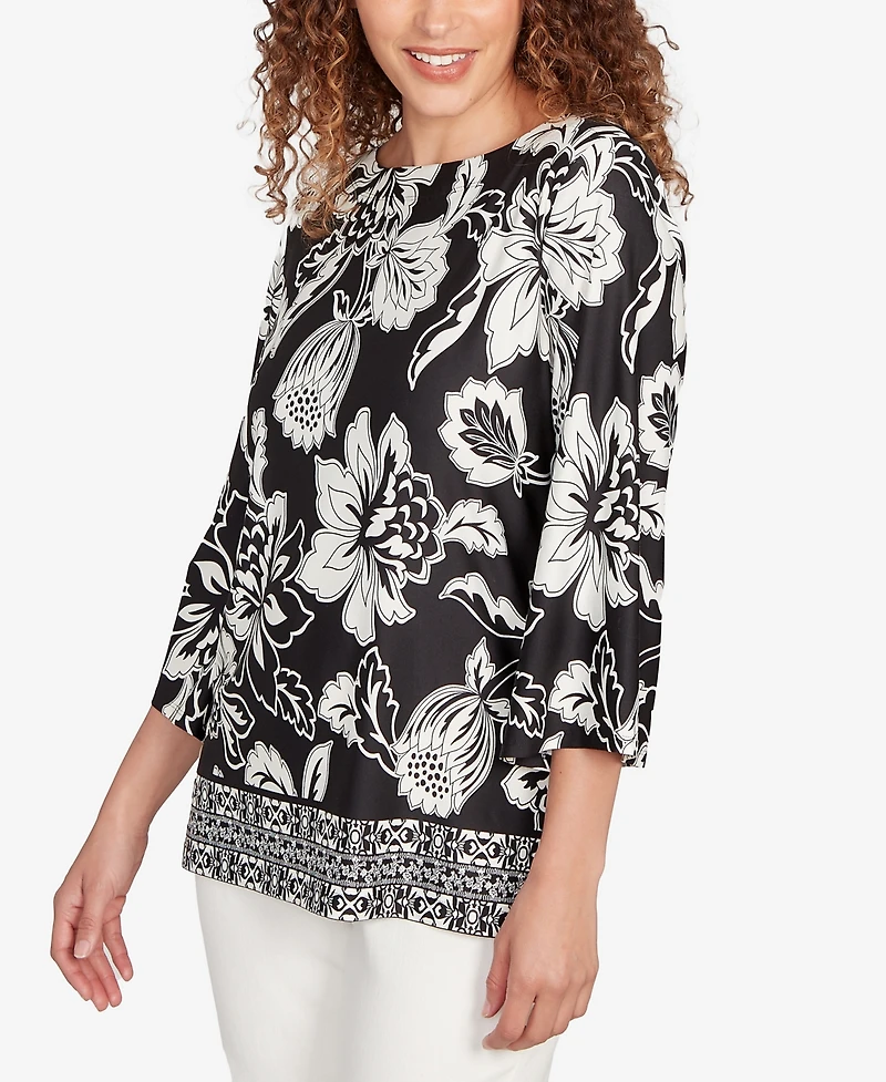 Ruby Rd. Petite Floral Geo Border Knit Top
