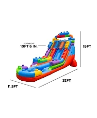 Xjump Block Party 19' Dual Lane Side Loader Water Slide with Pool, for Kids and Adults, Commercial Grade Pvc Vinyl, Outdoor Backyard Fun, Blow Up Wate