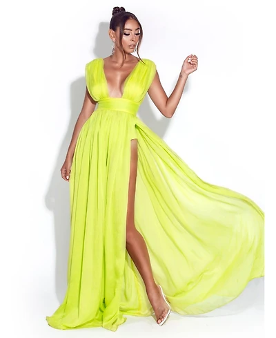Miss Circle Women Valley Of Angels Lime Chiffon Pleated High Slit Maxi Dress