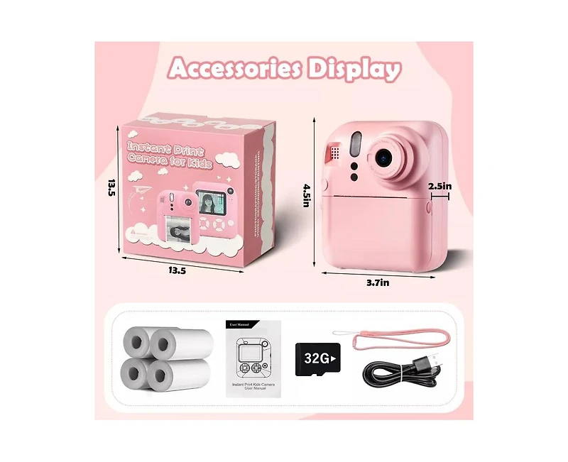 Kids Instant Print Camera with 32GB Card & 4 Rolls Paper, Dual-Lens 1080P Video Camera for Boys & Girls