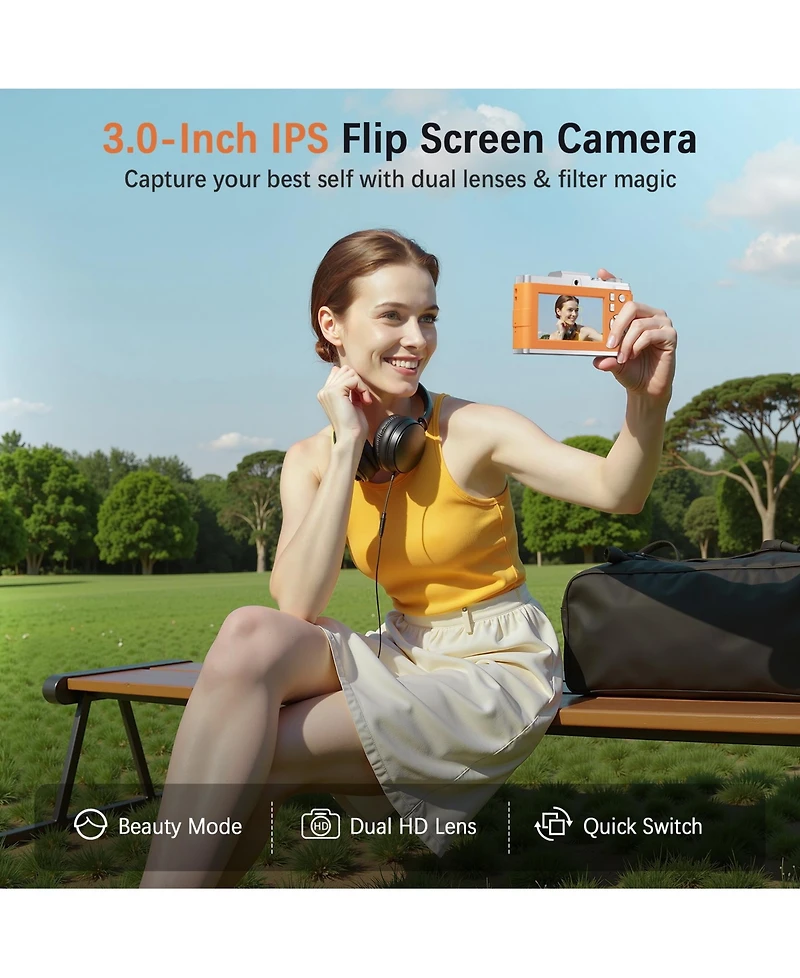 Sugift Digital Camera with 64MP Autofocus, 3.0 Inch Flip Screen, 16X Zoom, Dual Lens Vlogging Camera with Filters, Timer and 32GB Card Included
