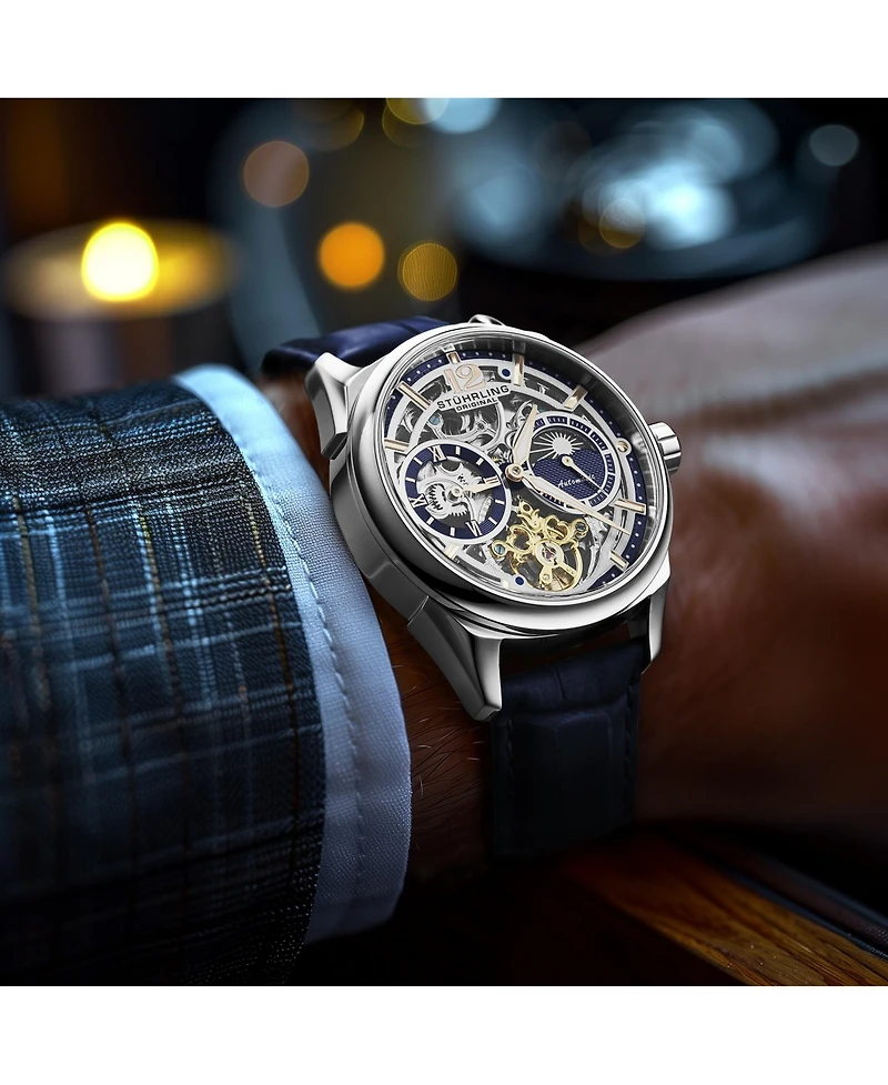 Stuhrling Vanguard 1019.02 Legacy Collection Dual Time Automatic Skeleton Watch 42mm Stainless Steel Blue Dial Leather Strap