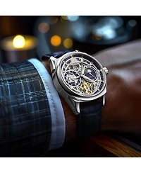 Stuhrling Vanguard 1019.02 Legacy Collection Dual Time Automatic Skeleton Watch 42mm Stainless Steel Blue Dial Leather Strap