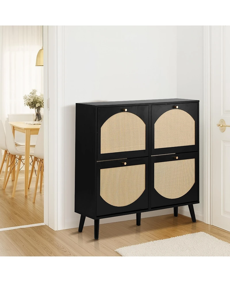Slickblue 2 Rows of 4 Dump Buckets Shoe Cabinet with Frame High Legs and Wood Rattan Surface