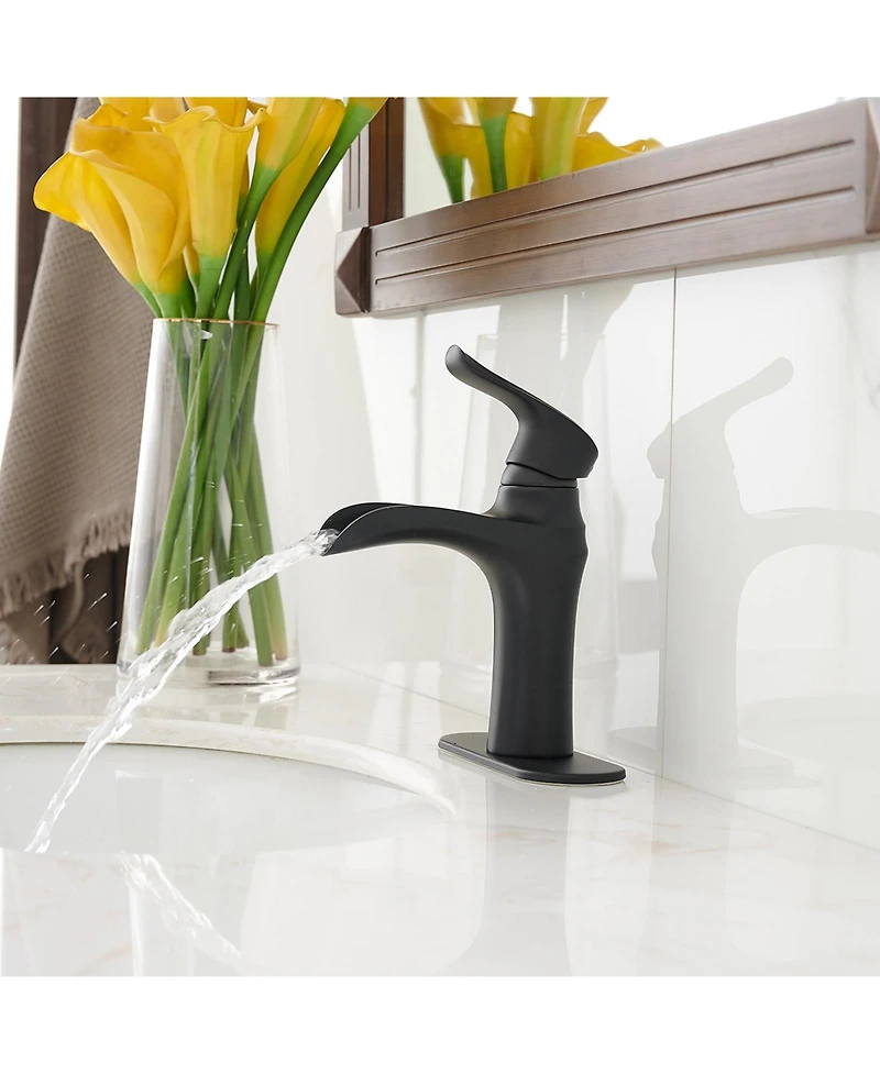 Greenspring Waterfall Single Handle Single Hole Low-Arc Modern Bathroom Faucet Bathroom Drip-Free Vanity Sink Faucet in Matte Black