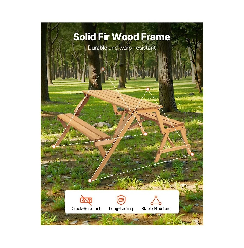 Slickblue 2-in-1 Transforming Wooden Picnic Table and Bench Set for Outdoor Use