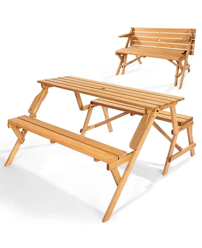 Slickblue 2-in-1 Transforming Wooden Picnic Table and Bench Set for Outdoor Use