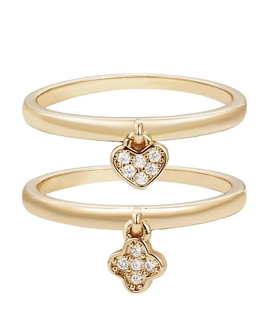 Adornia Gold Cubic Zirconia Dangling Heart and Clover Ring Set