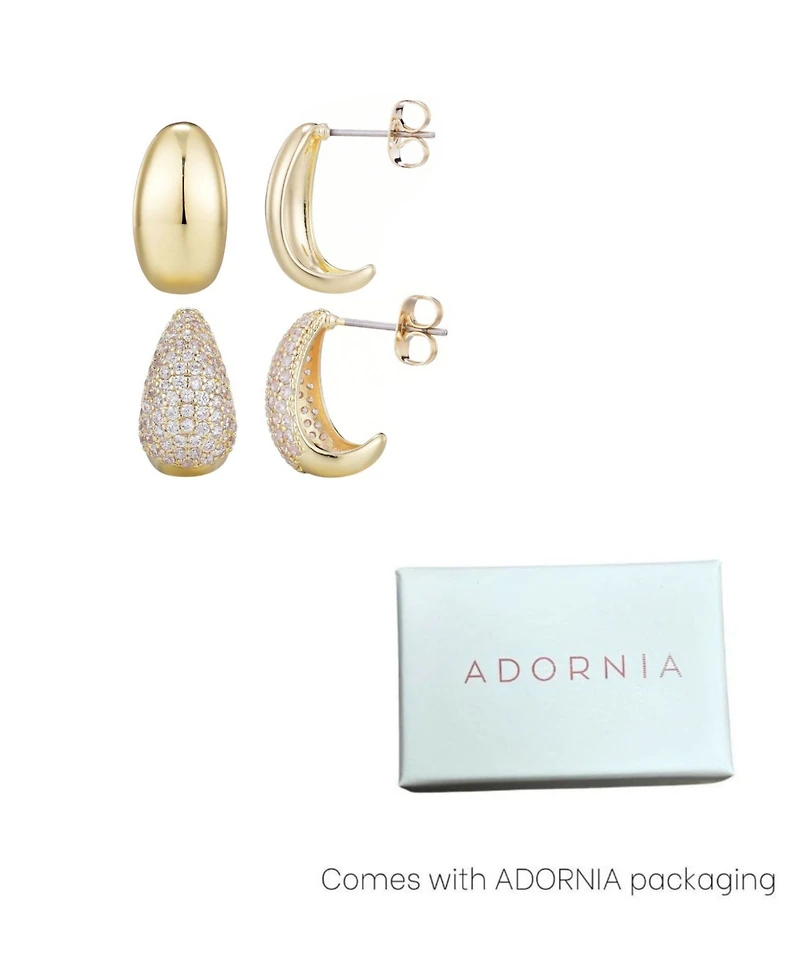 Adornia Gold Crystal and Plain Chunky Hoop Set