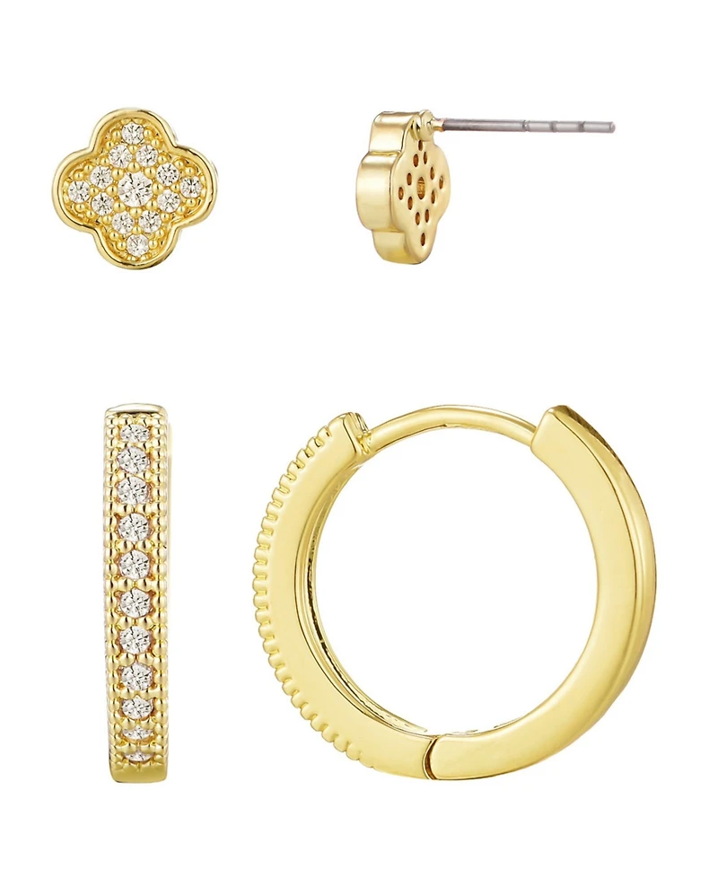 Adornia Gold Cubic Zirconia Huggie and Clover Stud Set
