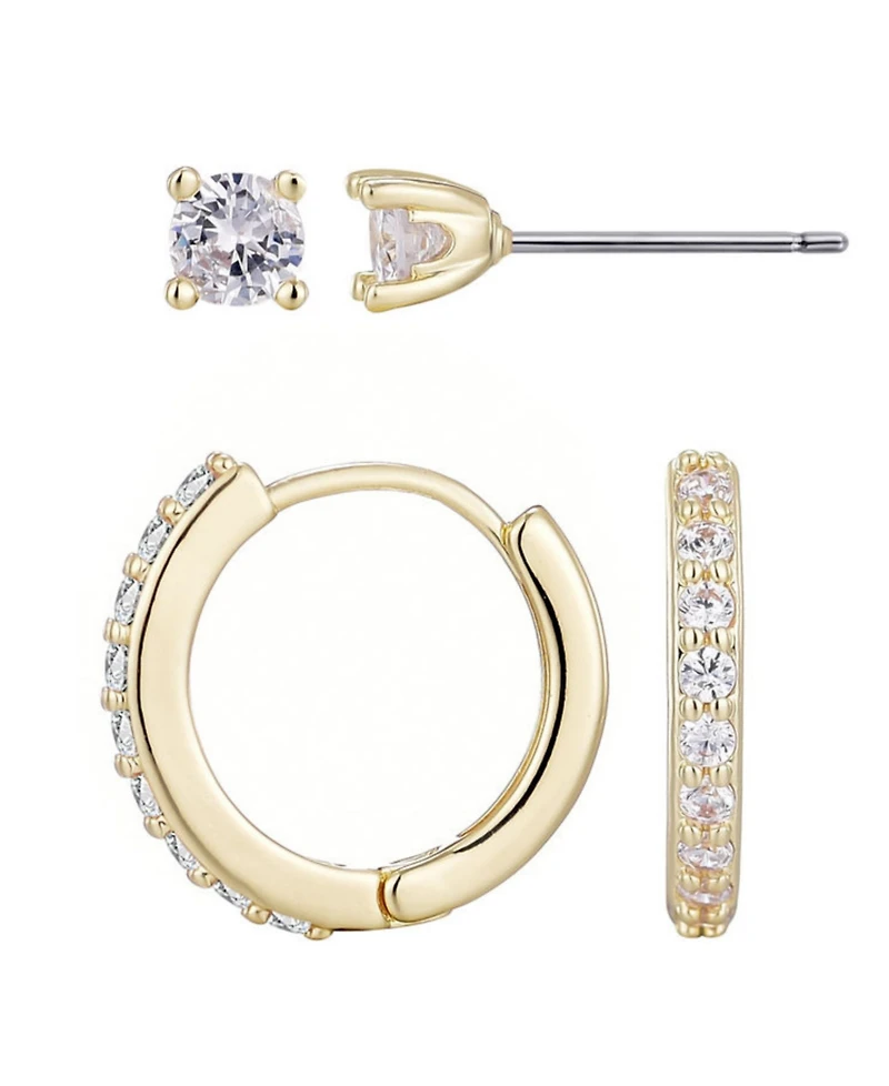 Adornia Gold Cubic Zirconia Huggie and Solitaire Stud Set