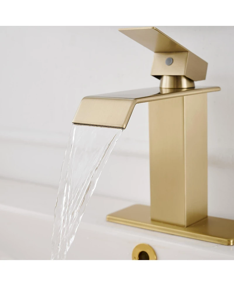 Waterfall Single Hole Single-Handle Low-Arc Bathroom Faucet With Supply Line Brushed Gold