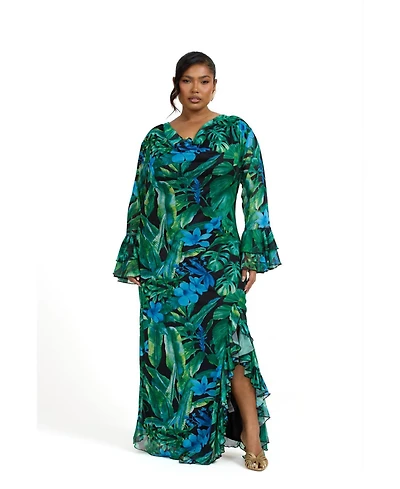 Fashion-szn Curve Ruffle Cowl Neck Palm Print Maxi Dress