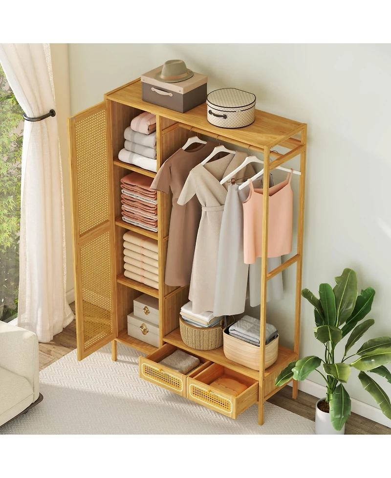 Costway Bamboo Clothing Rack with Cabinet Hanging Rod Storage Shelf & Drawers for Foyer