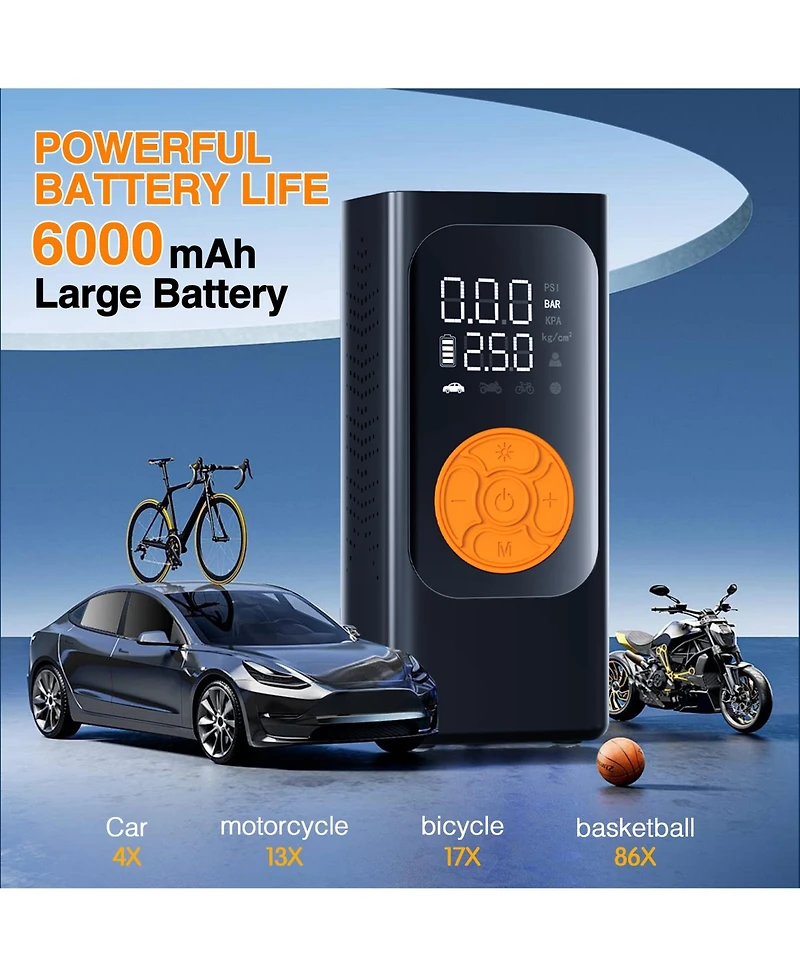 Tire Inflator Portable Air Compressor, Air Pump, Cordless Pump with Digital Pressure Gauge, Led Light and Auto Shut-Off Function