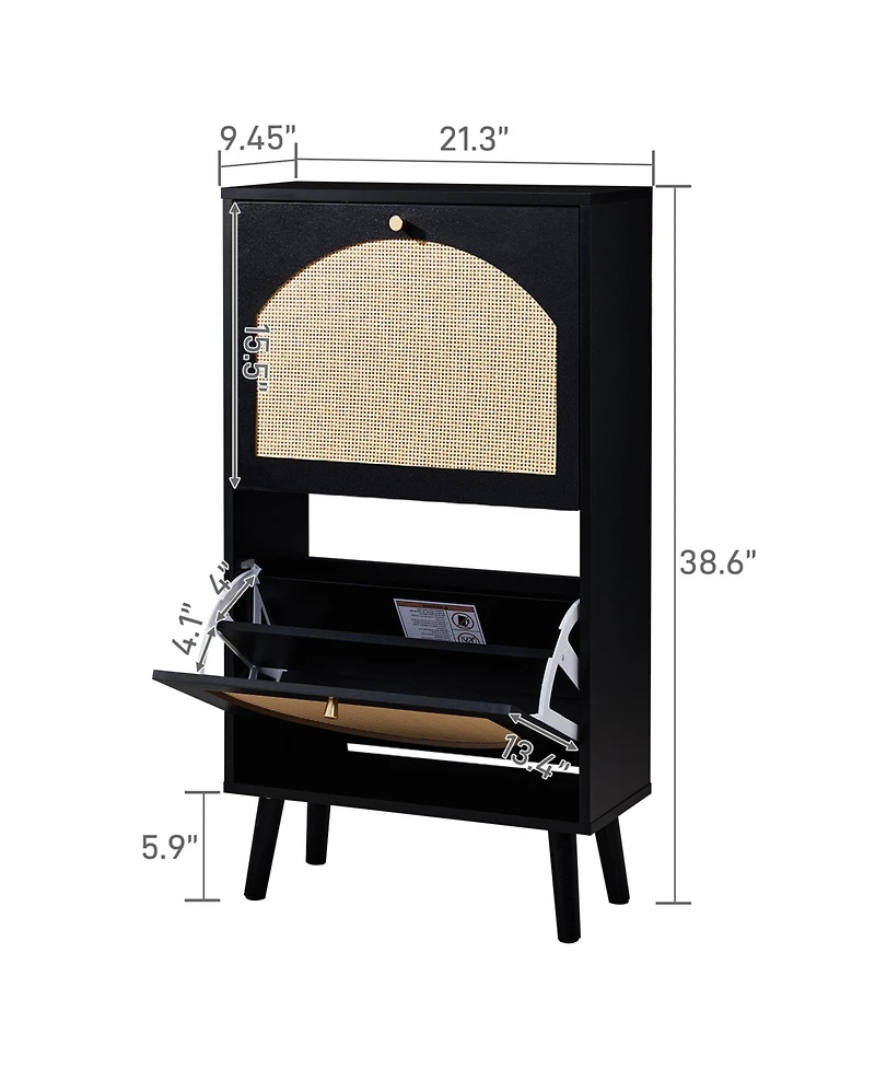 Slickblue Two Dump Buckets Shoe Cabinet with High-Leg Frame and Original Wood Rattan Surface