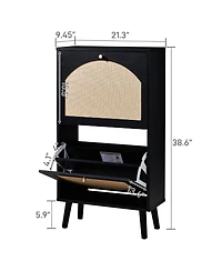 Slickblue Two Dump Buckets Shoe Cabinet with High-Leg Frame and Original Wood Rattan Surface