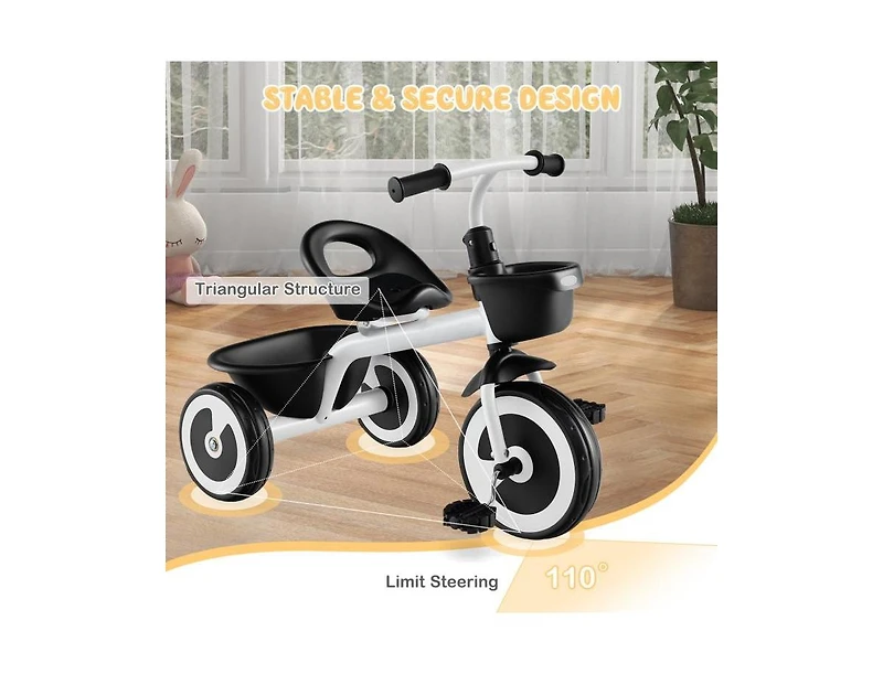 Toddler Tricycle with Adjustable Seat & Storage Baskets – White