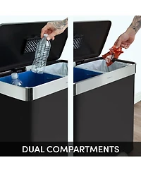 Qualiazero 60L / 16 Gal (30L/8 Split) Rectangular Recycle Step Can - Stainless Steel with Black Plastic Lid