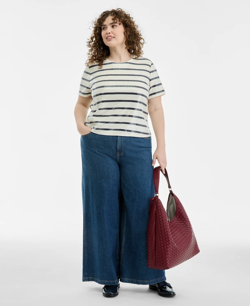 On 34th Plus Crewneck Printed Base Stripe Sequin T-Shirt, Macy's Exclusive