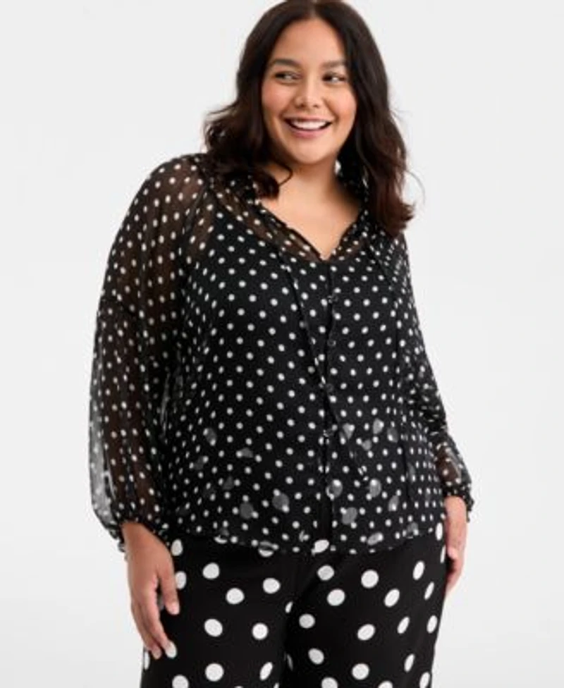 On 34th Trendy Plus Size Polka Dot Crinkle Chiffon Blouse Pull On Balloon Pants Macys Exclusive