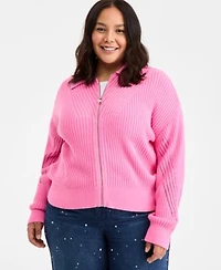 On 34th Trendy Plus Size Pointelle Zip Front Cardigan Embellished Wide Leg Jeans Macys Exclusive