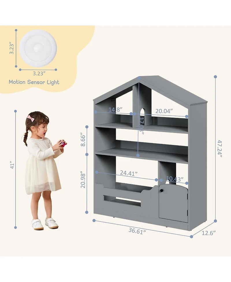 gaomon Kids Bookshelf and Toy Storage, Wooden Kids Bookcase with Motion Sensor Light, Dollhouse Bookcase for Playroom Bedroom Nursery Classroom