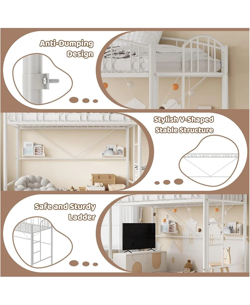 gaomon Loft Bed Twin Size, Heavy Duty Metal Loft Bed Frame with Arched Guardrail and Safety Ladder, Space-Saving, No Box Spring Needed, White