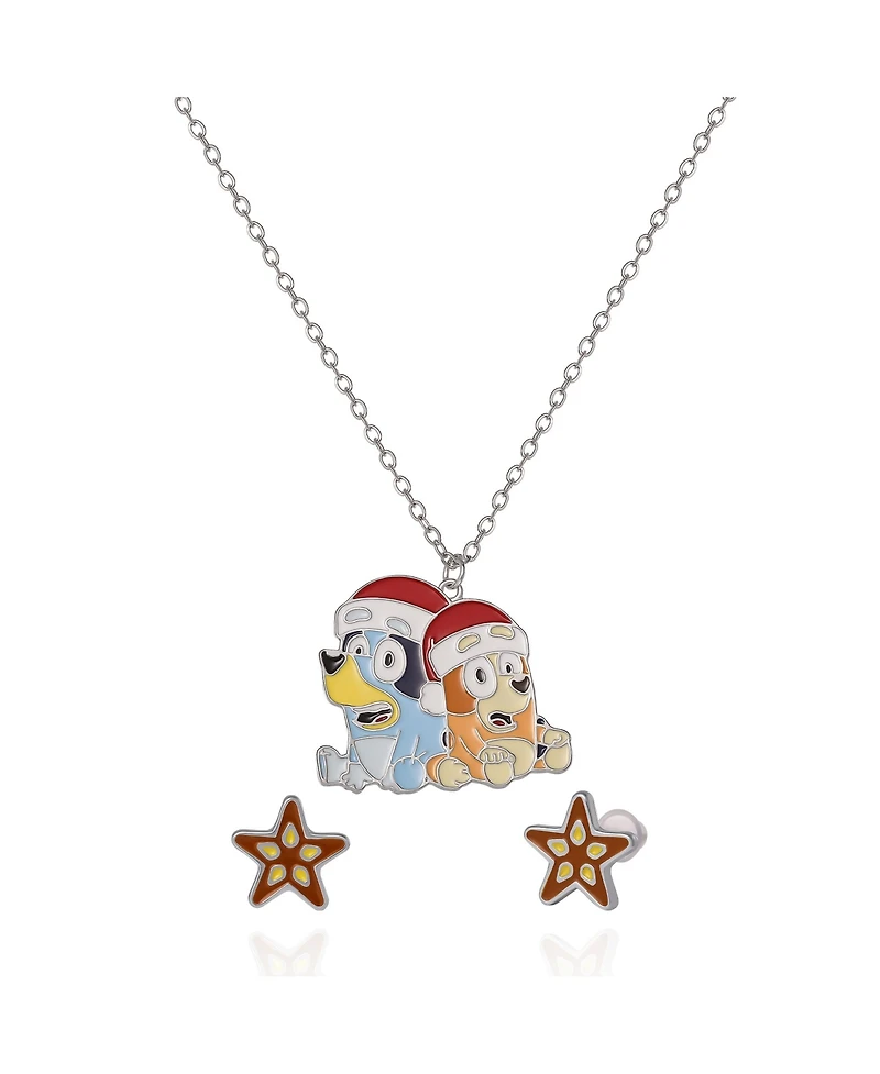 Bluey & Bingo Holiday Necklace & Star Stud Earrings Set - Festive Jewelry for Kids