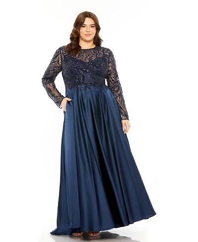 Mac Duggal Women's Sheer Long Sleeve Beaded Top Satin Gown