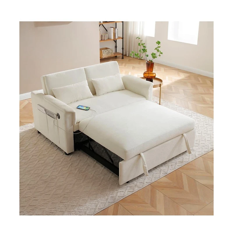 Maison Boucle 55" Velvet Loveseat Sofa Bed with Usb Ports, Adjustable Backrest & Pull-Out Sleeper Storage Pockets Pillows-Maison