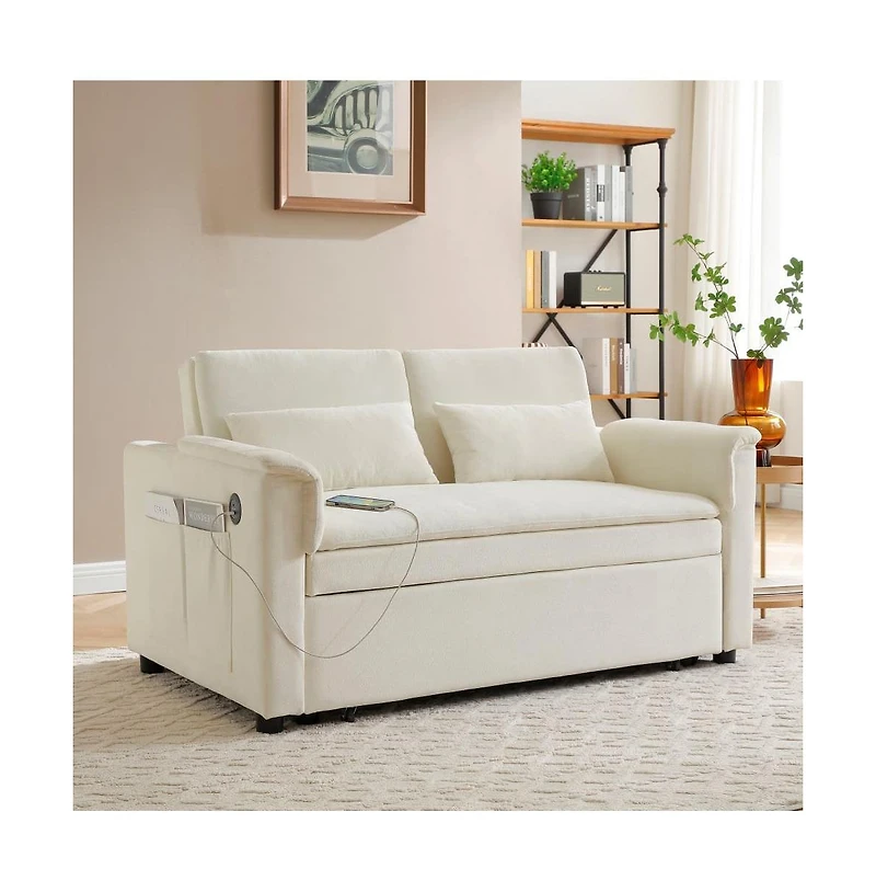 Maison Boucle 55" Velvet Loveseat Sofa Bed with Usb Ports, Adjustable Backrest & Pull-Out Sleeper Storage Pockets Pillows-Maison