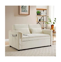 Maison Boucle 55" Velvet Loveseat Sofa Bed with Usb Ports, Adjustable Backrest & Pull-Out Sleeper Storage Pockets Pillows-Maison