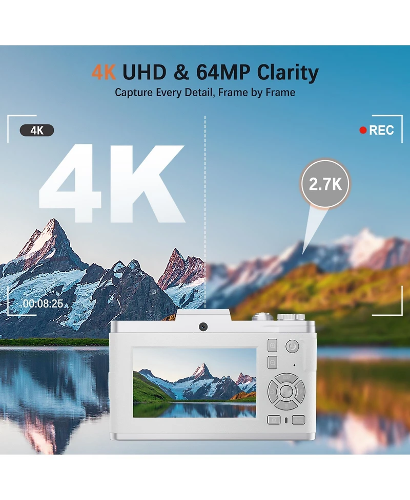 64MP Digital Camera with 4K Video, 16X Zoom, Flip Screen, Autofocus, Type-c Charging, and 32GB Card