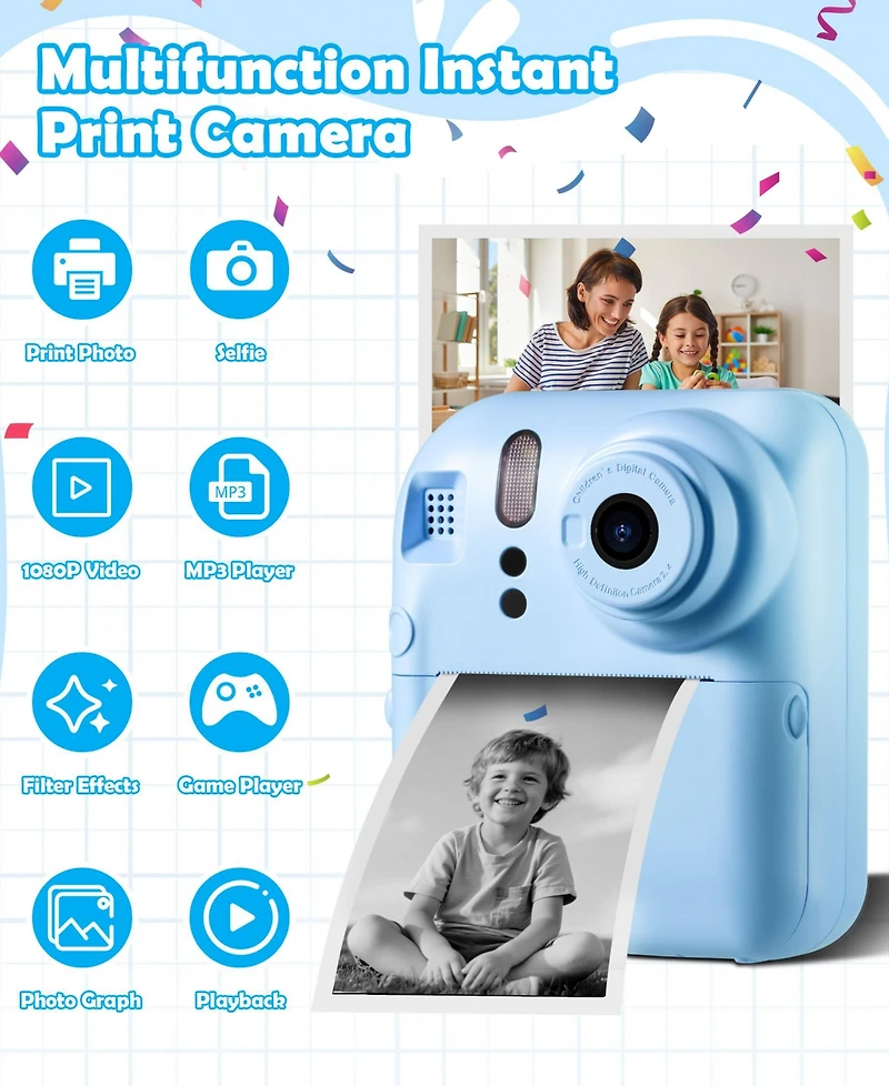 2-in-1 Instant and Digital Kids Camera with Hd Video, 16X Zoom, Printing, Games, and Accessories